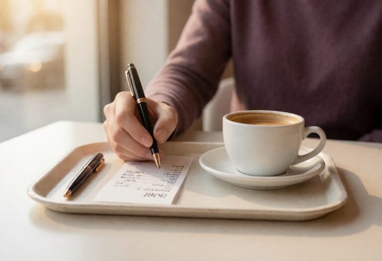 Person writing a tip amount on a restaurant receipt beside a cup of coffee