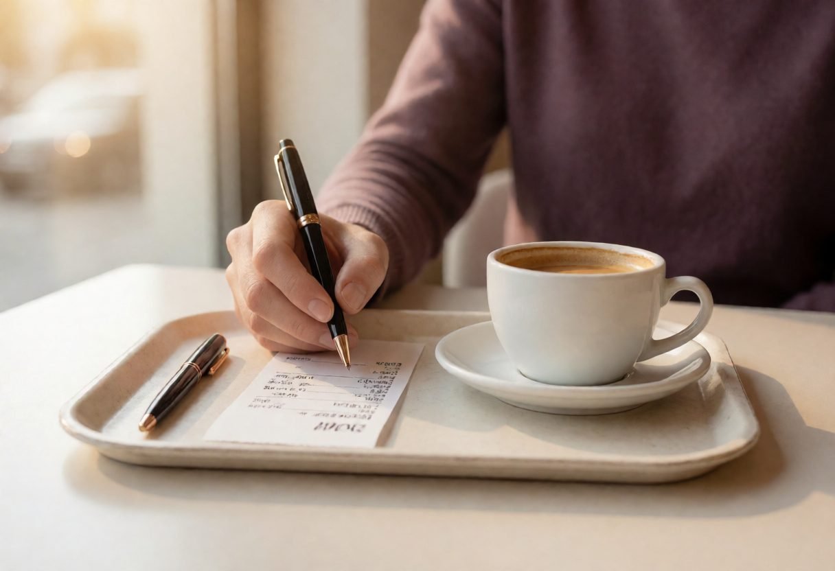 Person writing a tip amount on a restaurant receipt beside a cup of coffee