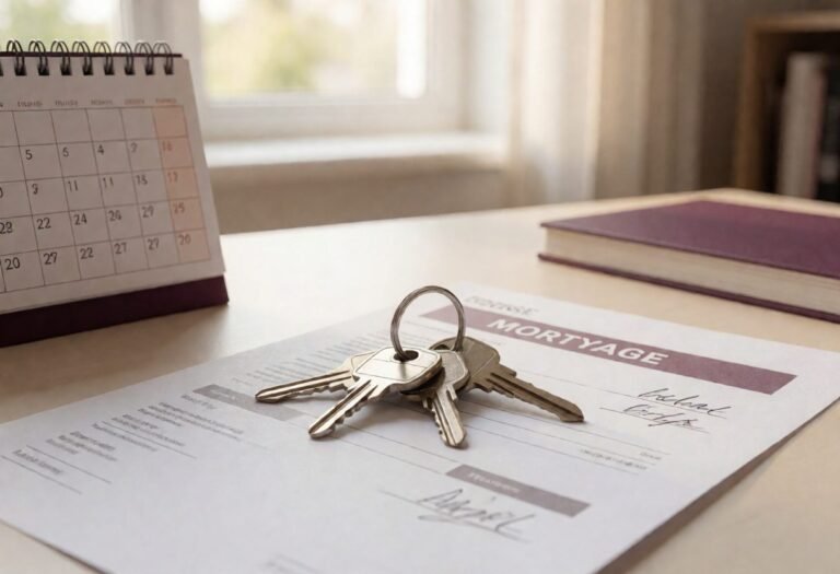 House keys resting on mortgage papers next to a desk calendar