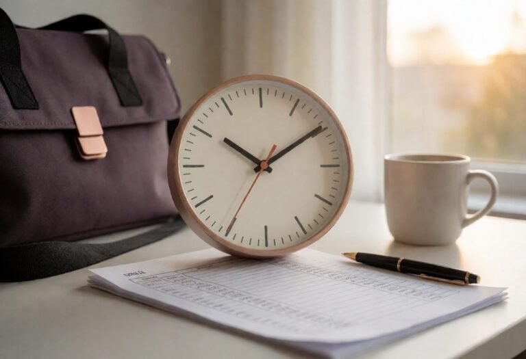 Clock, timesheet and work bag on a desk for calculating hours worked and overtime