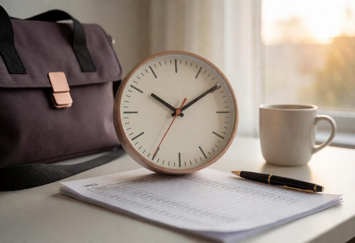 Clock, timesheet and work bag on a desk for calculating hours worked and overtime
