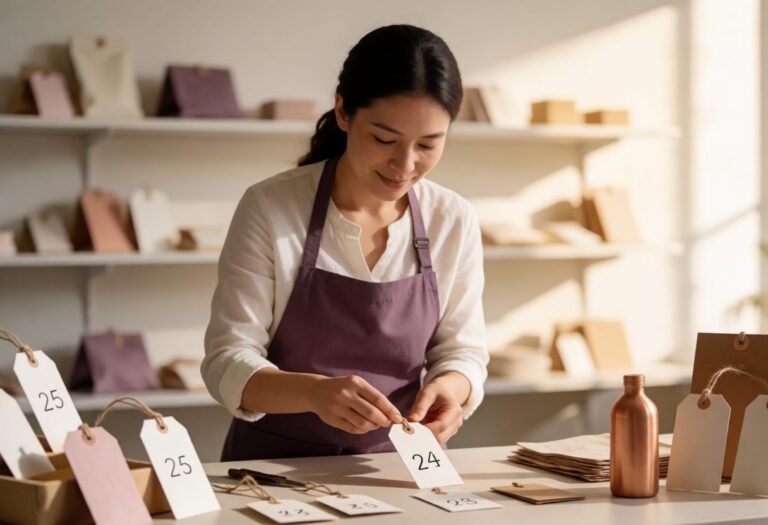 Small business owner attaching price tags to handmade products in her shop