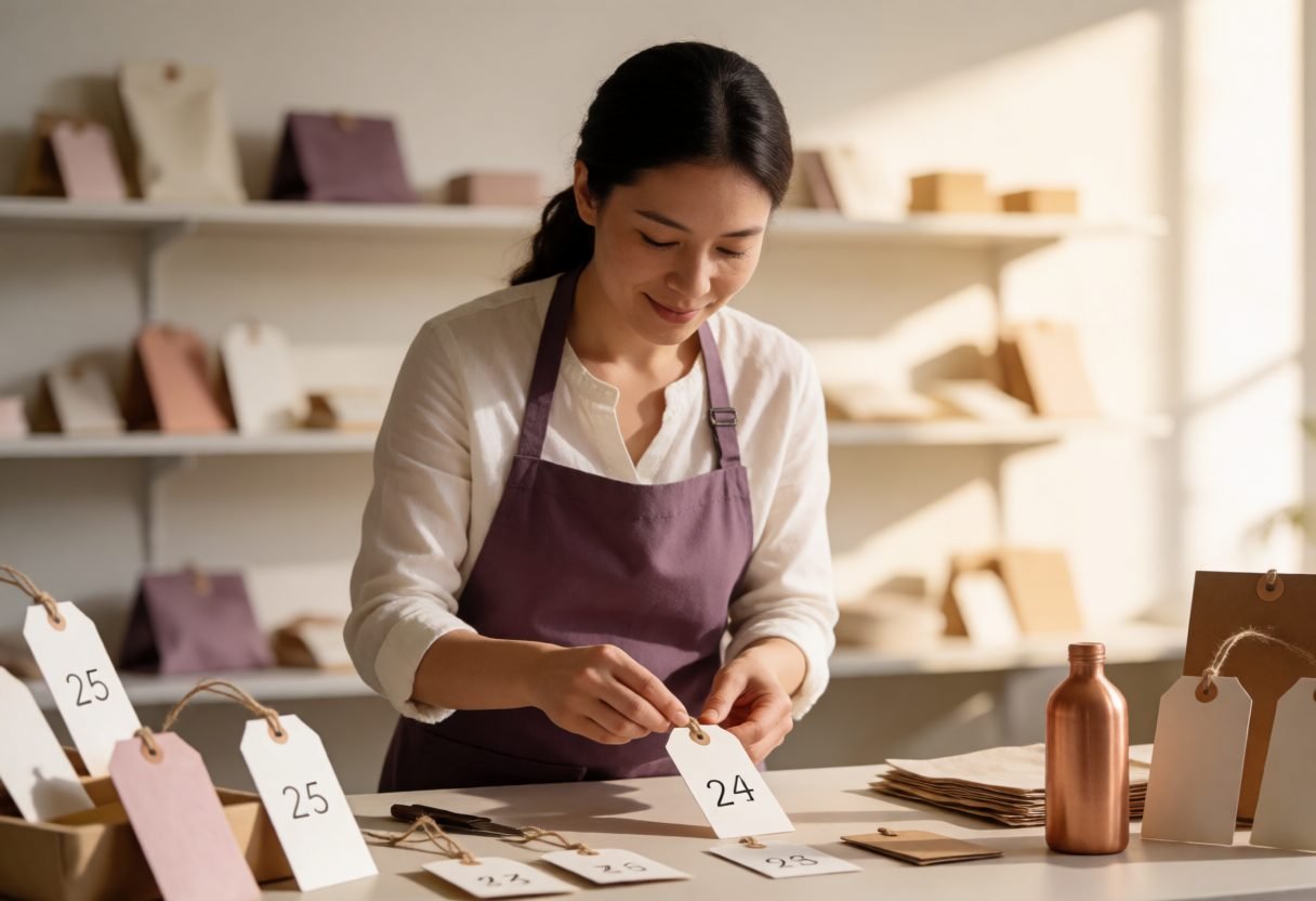 Small business owner attaching price tags to handmade products in her shop