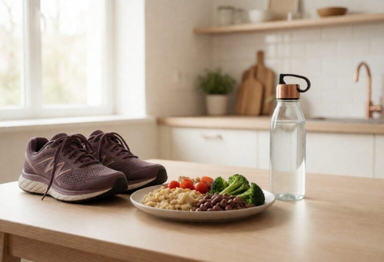 Balanced meal next to running shoes and a water bottle, representing daily calorie needs and activity