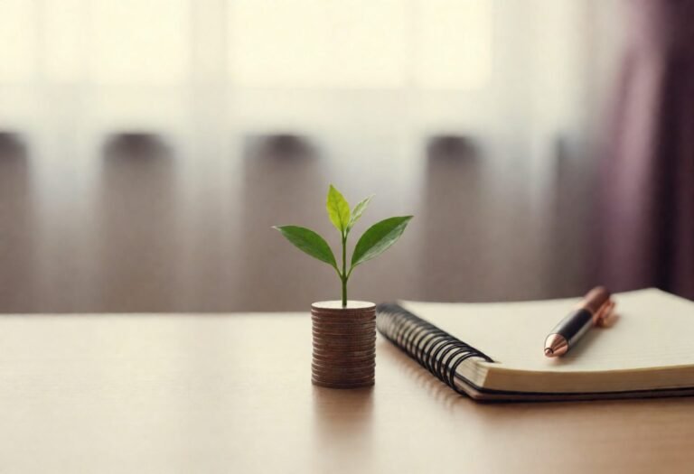 Small green plant growing from a stack of coins next to a notebook, representing compound interest