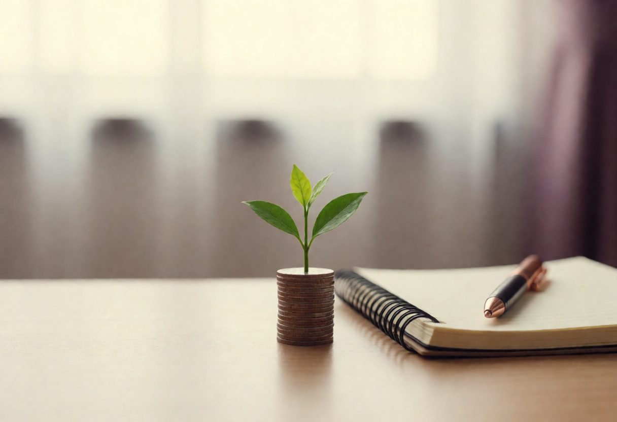 Small green plant growing from a stack of coins next to a notebook, representing compound interest