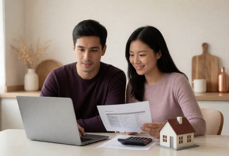 Couple reviewing a home listing on a laptop with a model house and calculator, working out how much house they can afford