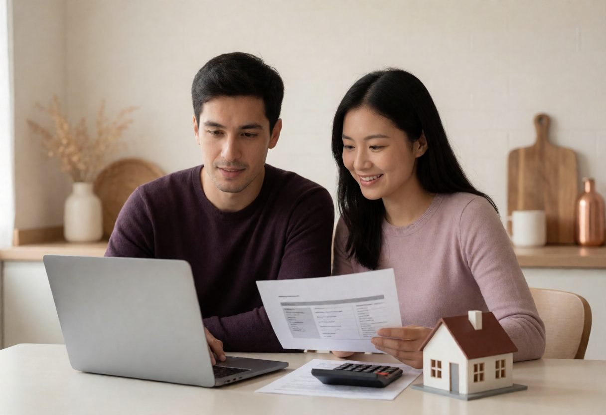 Couple reviewing a home listing on a laptop with a model house and calculator, working out how much house they can afford